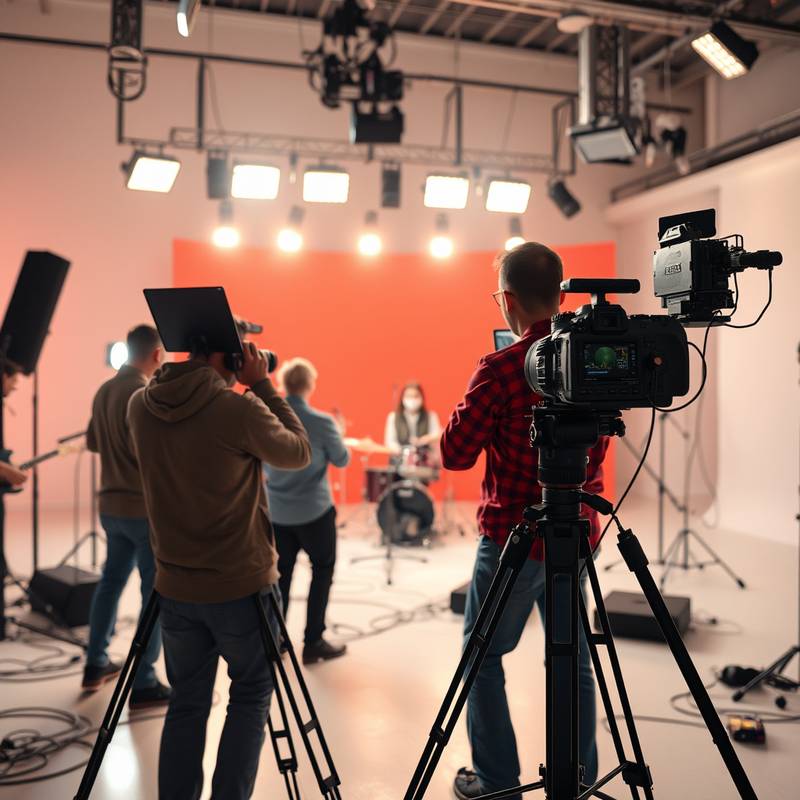 Equipe de filmagem gravando uma banda em um estúdio de vídeo bem iluminado
